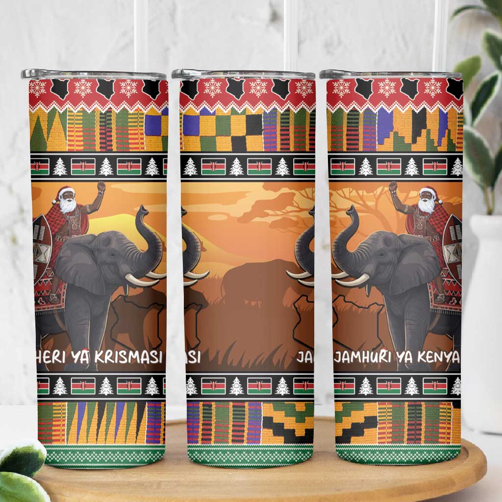 Afro Christmas in Kenya Safari Skinny Tumbler Black Santa Riding Elephant - African Pride