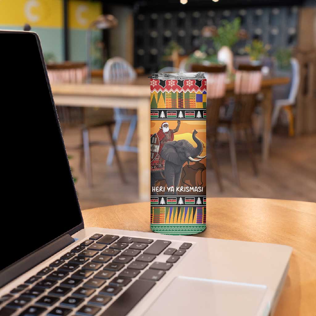 Afro Christmas in Kenya Safari Skinny Tumbler Black Santa Riding Elephant - African Pride
