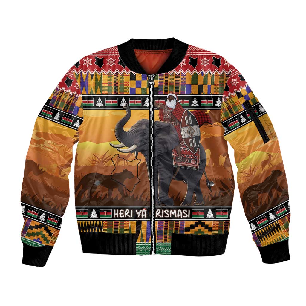 Afro Christmas in Kenya Safari Sleeve Zip Bomber Jacket Black Santa Riding Elephant - African Pride