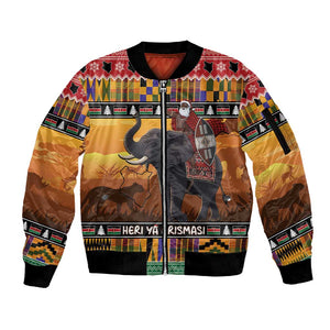 Afro Christmas in Kenya Safari Sleeve Zip Bomber Jacket Black Santa Riding Elephant - African Pride