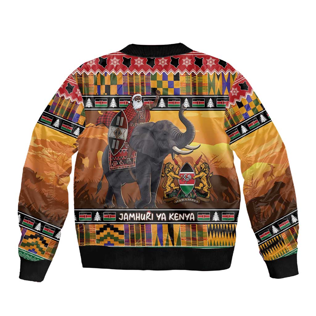 Afro Christmas in Kenya Safari Sleeve Zip Bomber Jacket Black Santa Riding Elephant - African Pride