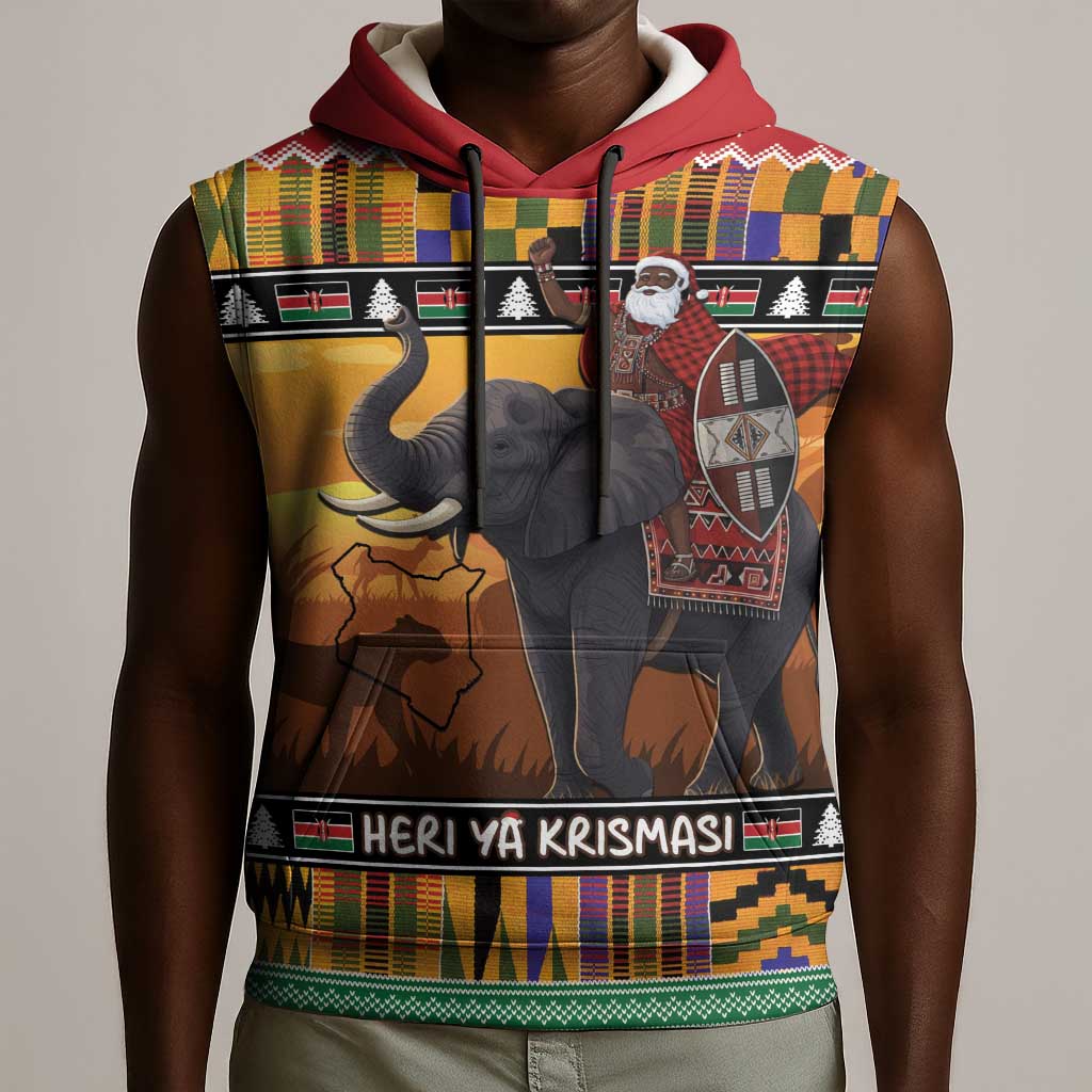 Afro Christmas in Kenya Safari Sleeveless Hoodie Black Santa Riding Elephant - African Pride