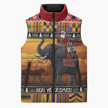 Kenya Safari Christmas Sleeveless Puffer Jacket Black Santa Riding Elephant - Heri ya Krismasi