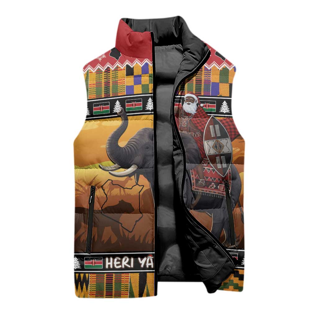 Kenya Safari Christmas Sleeveless Puffer Jacket Black Santa Riding Elephant - Heri ya Krismasi