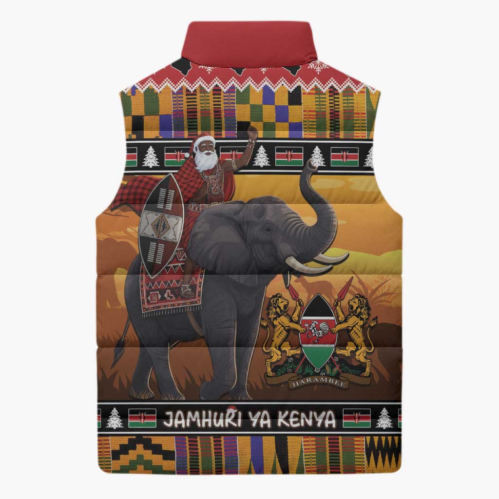 Kenya Safari Christmas Sleeveless Puffer Jacket Black Santa Riding Elephant - Heri ya Krismasi
