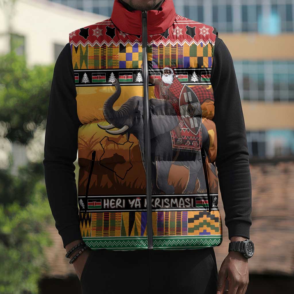 Kenya Safari Christmas Sleeveless Puffer Jacket Black Santa Riding Elephant - Heri ya Krismasi