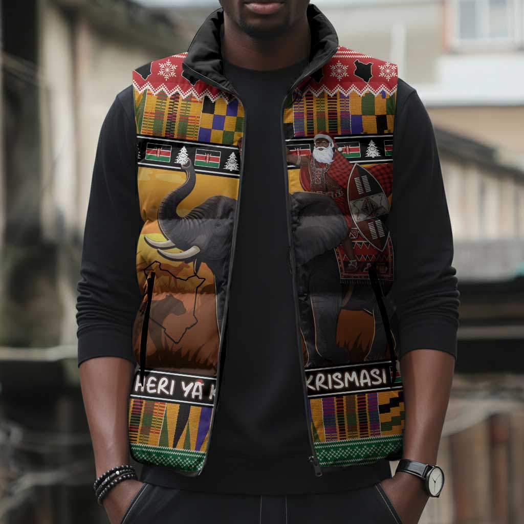 Kenya Safari Christmas Sleeveless Puffer Jacket Black Santa Riding Elephant - Heri ya Krismasi