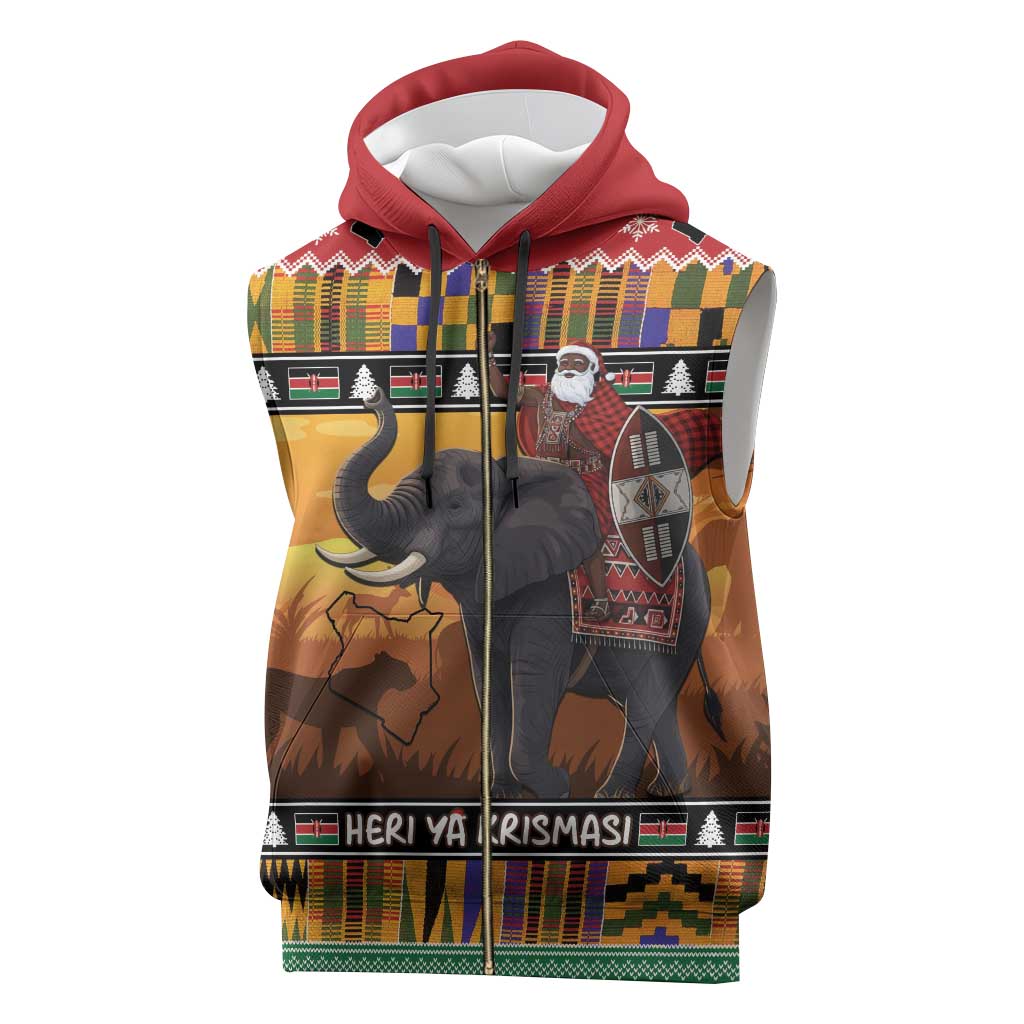 Afro Christmas in Kenya Safari Sleeveless Zip Hoodie Black Santa Riding Elephant - African Pride