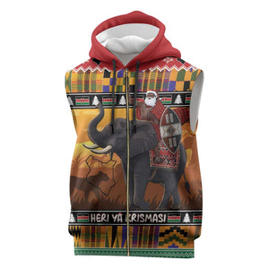 Afro Christmas in Kenya Safari Sleeveless Zip Hoodie Black Santa Riding Elephant - African Pride