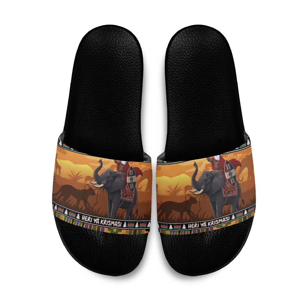 Kenya Safari Christmas Slide Sandals Black Santa Riding Elephant - Heri ya Krismasi
