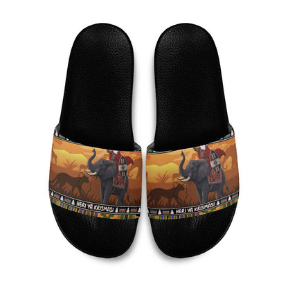 Kenya Safari Christmas Slide Sandals Black Santa Riding Elephant - Heri ya Krismasi