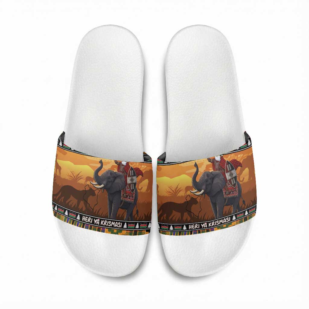 Kenya Safari Christmas Slide Sandals Black Santa Riding Elephant - Heri ya Krismasi