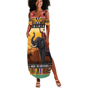 Afro Christmas in Kenya Safari Summer Maxi Dress Black Santa Riding Elephant - African Pride