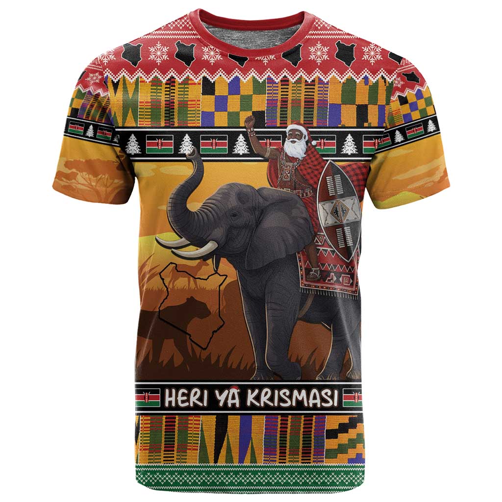 Afro Christmas in Kenya Safari T shirt Black Santa Riding Elephant - African Pride