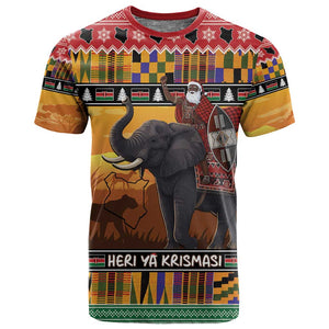 Afro Christmas in Kenya Safari T shirt Black Santa Riding Elephant - African Pride