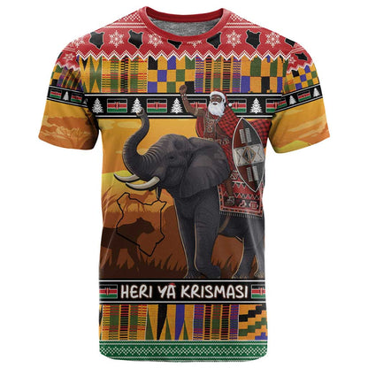 Afro Christmas in Kenya Safari T shirt Black Santa Riding Elephant - African Pride
