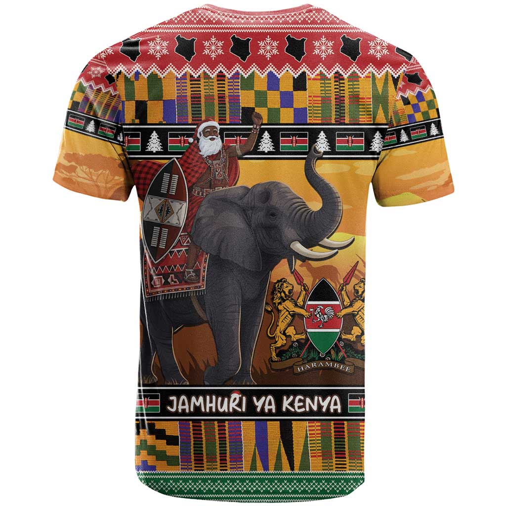 Afro Christmas in Kenya Safari T shirt Black Santa Riding Elephant - African Pride