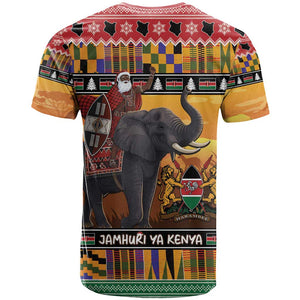 Afro Christmas in Kenya Safari T shirt Black Santa Riding Elephant - African Pride