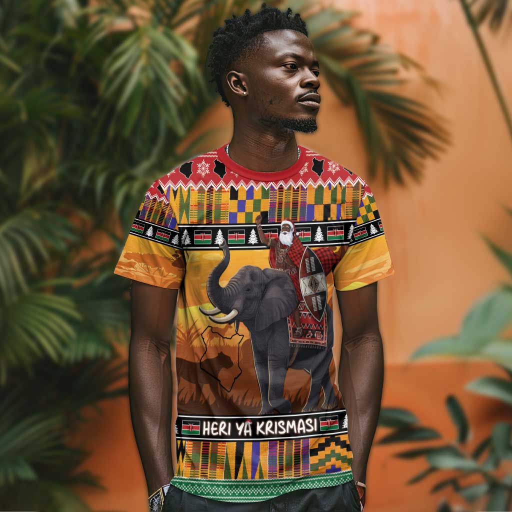 Afro Christmas in Kenya Safari T shirt Black Santa Riding Elephant - African Pride
