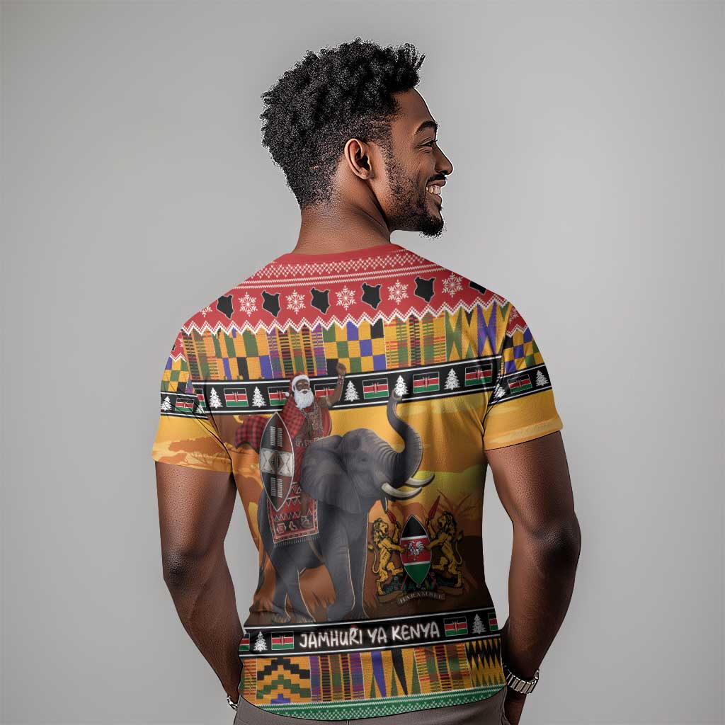 Afro Christmas in Kenya Safari T shirt Black Santa Riding Elephant - African Pride