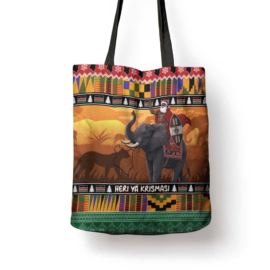 Kenya Safari Christmas Tote Bag Black Santa Riding Elephant - Heri ya Krismasi