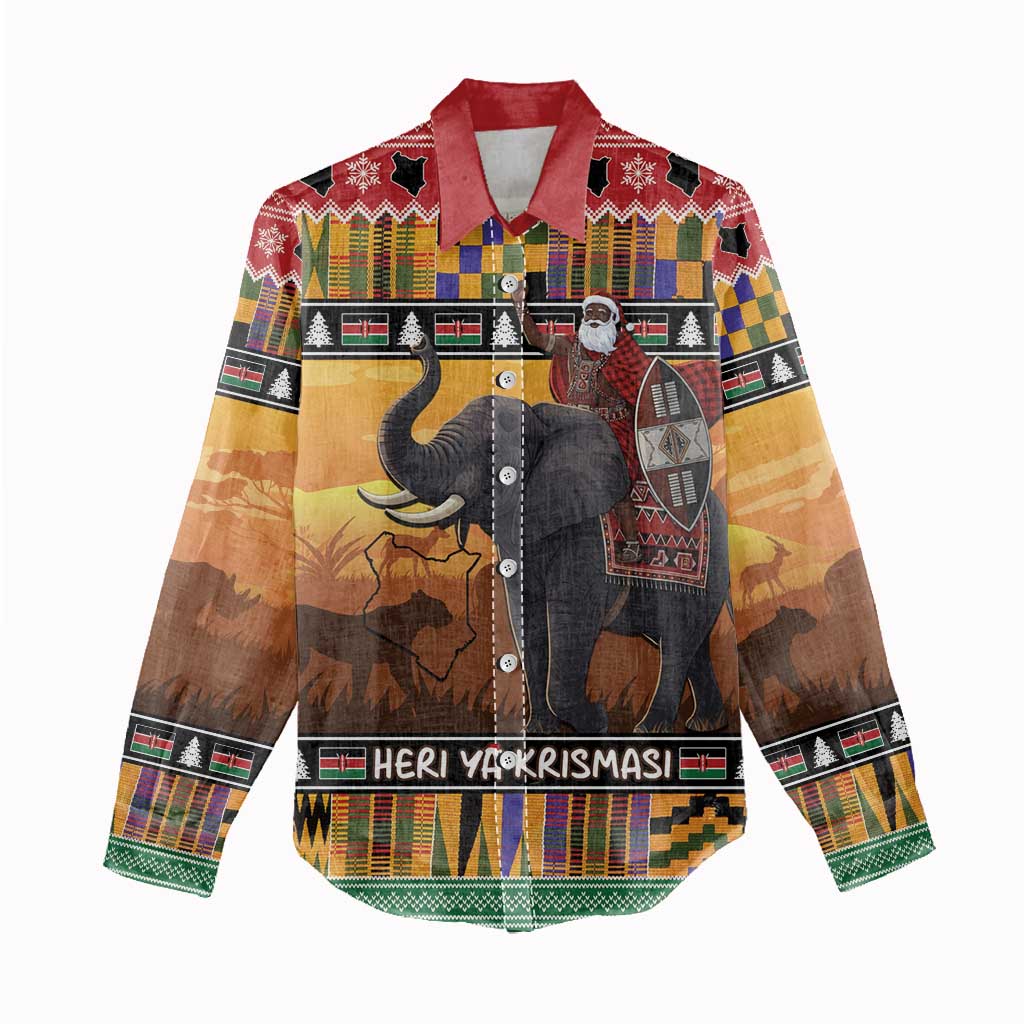 Afro Christmas in Kenya Safari Women Casual Shirt Black Santa Riding Elephant - African Pride