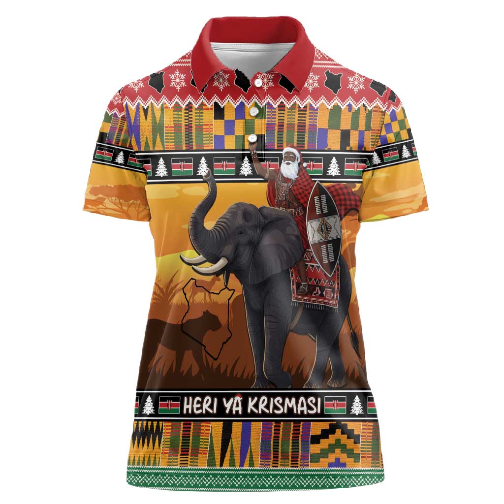 Afro Christmas in Kenya Safari Women Polo Shirt Black Santa Riding Elephant - African Pride