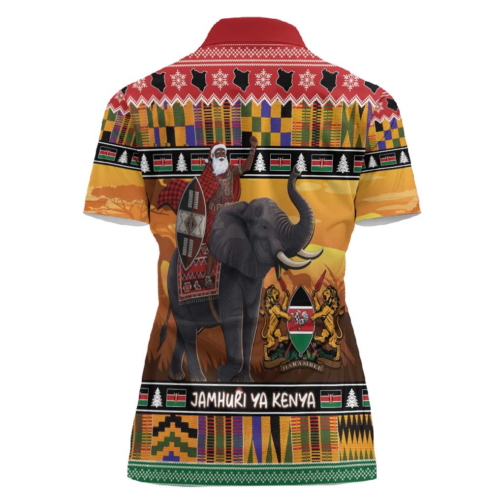 Afro Christmas in Kenya Safari Women Polo Shirt Black Santa Riding Elephant - African Pride