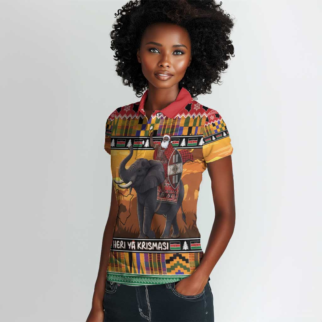 Afro Christmas in Kenya Safari Women Polo Shirt Black Santa Riding Elephant - African Pride