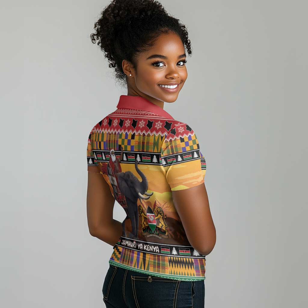 Afro Christmas in Kenya Safari Women Polo Shirt Black Santa Riding Elephant - African Pride