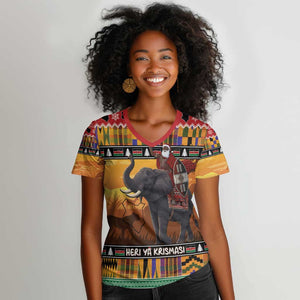 Afro Christmas in Kenya Safari Women V-Neck T-Shirt Black Santa Riding Elephant - African Pride