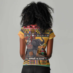 Afro Christmas in Kenya Safari Women V-Neck T-Shirt Black Santa Riding Elephant - African Pride