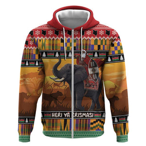 Afro Christmas in Kenya Safari Zip Hoodie Black Santa Riding Elephant - African Pride