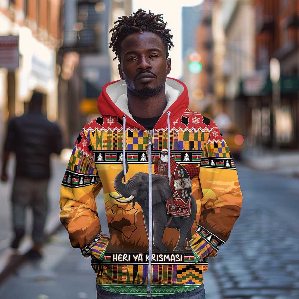 Afro Christmas in Kenya Safari Zip Hoodie Black Santa Riding Elephant - African Pride