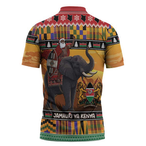 Kenya Safari Christmas Zipper Polo Shirt Black Santa Riding Elephant - Heri ya Krismasi