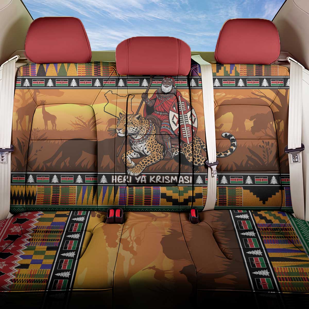 Afro Christmas in Kenya Safari Back Car Seat Cover Black Santa Riding Leopards - African Pride