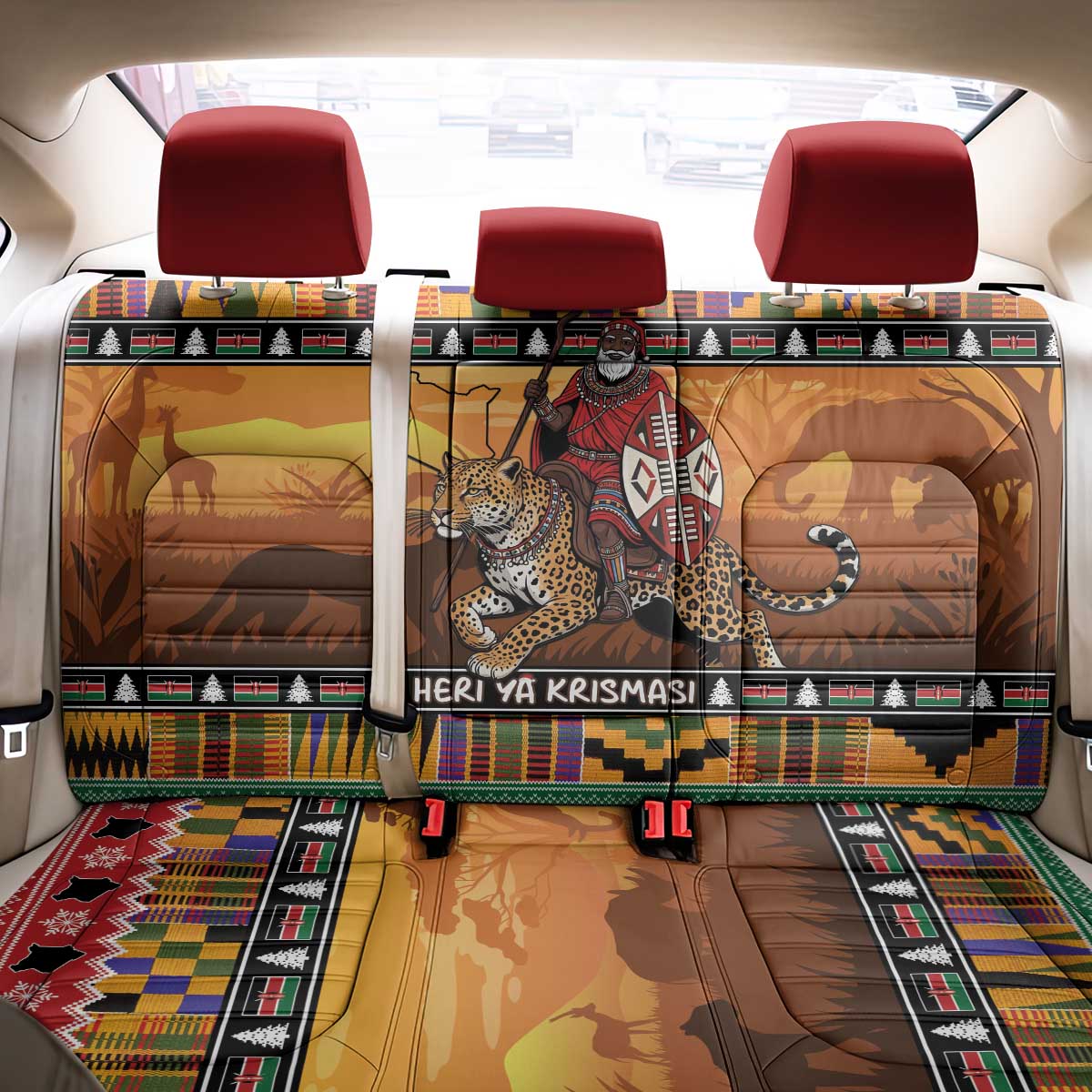 Afro Christmas in Kenya Safari Back Car Seat Cover Black Santa Riding Leopards - African Pride