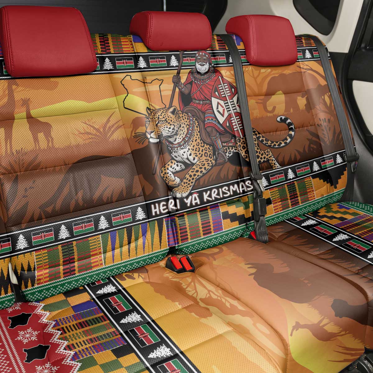 Afro Christmas in Kenya Safari Back Car Seat Cover Black Santa Riding Leopards - African Pride