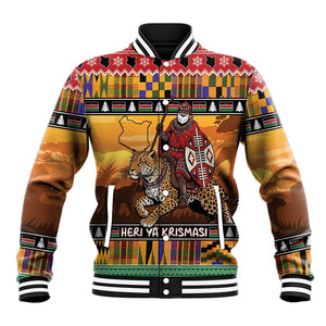 Afro Christmas in Kenya Safari Baseball Jacket Black Santa Riding Leopards - African Pride