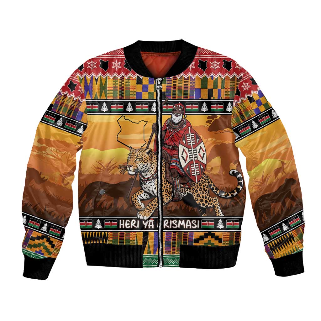 Afro Christmas in Kenya Safari Bomber Jacket Black Santa Riding Leopards - African Pride