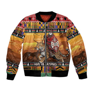 Afro Christmas in Kenya Safari Bomber Jacket Black Santa Riding Leopards - African Pride