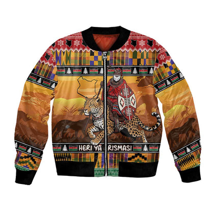 Afro Christmas in Kenya Safari Bomber Jacket Black Santa Riding Leopards - African Pride