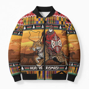 Kenya Safari Christmas Bomber Puffer Jacket Black Santa Riding Leopards - Heri ya Krismasi