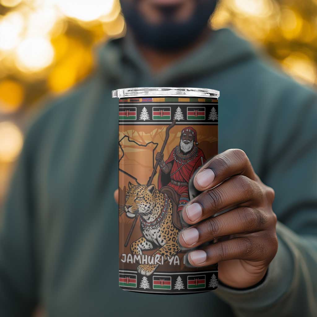 Afro Christmas in Kenya Safari 4 in 1 Can Cooler Tumbler Black Santa Riding Leopards - African Pride