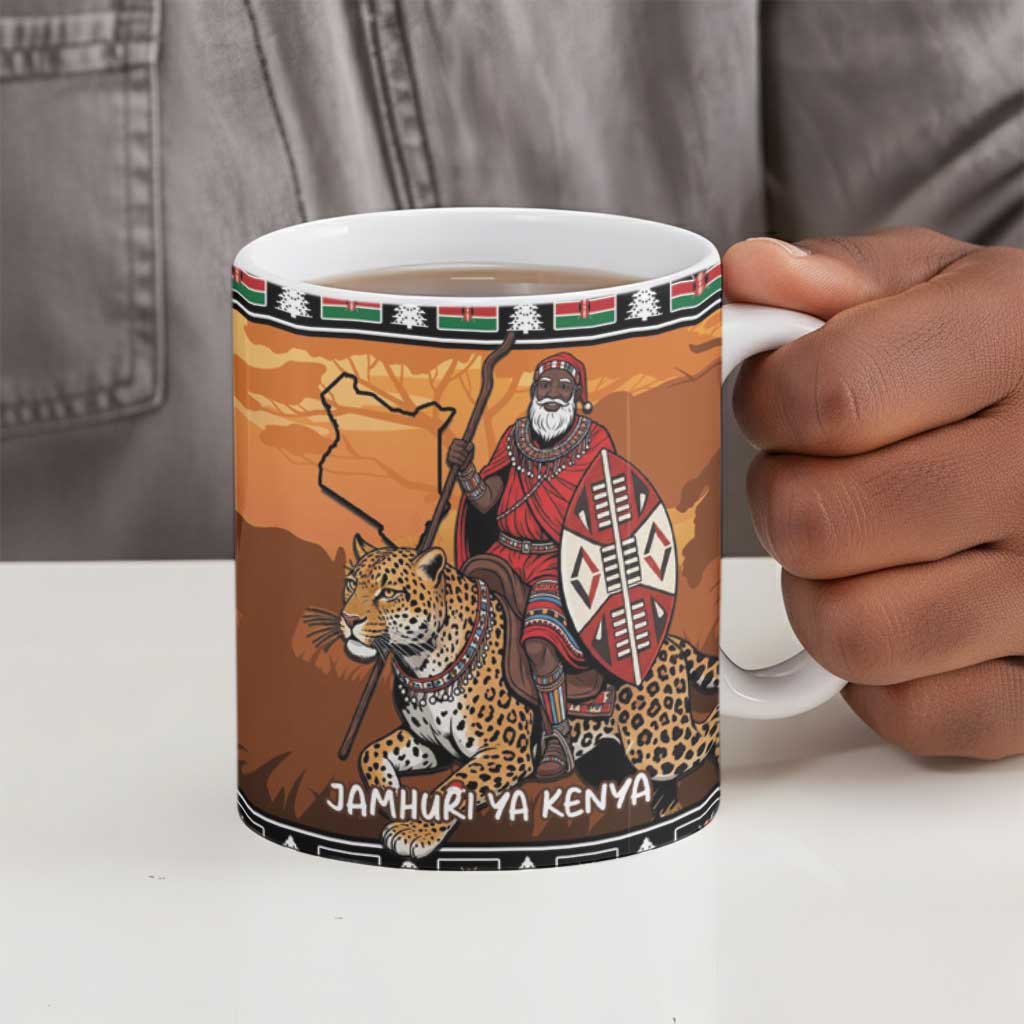 Kenya Safari Christmas Ceramic Mug Black Santa Riding Leopards - Heri ya Krismasi