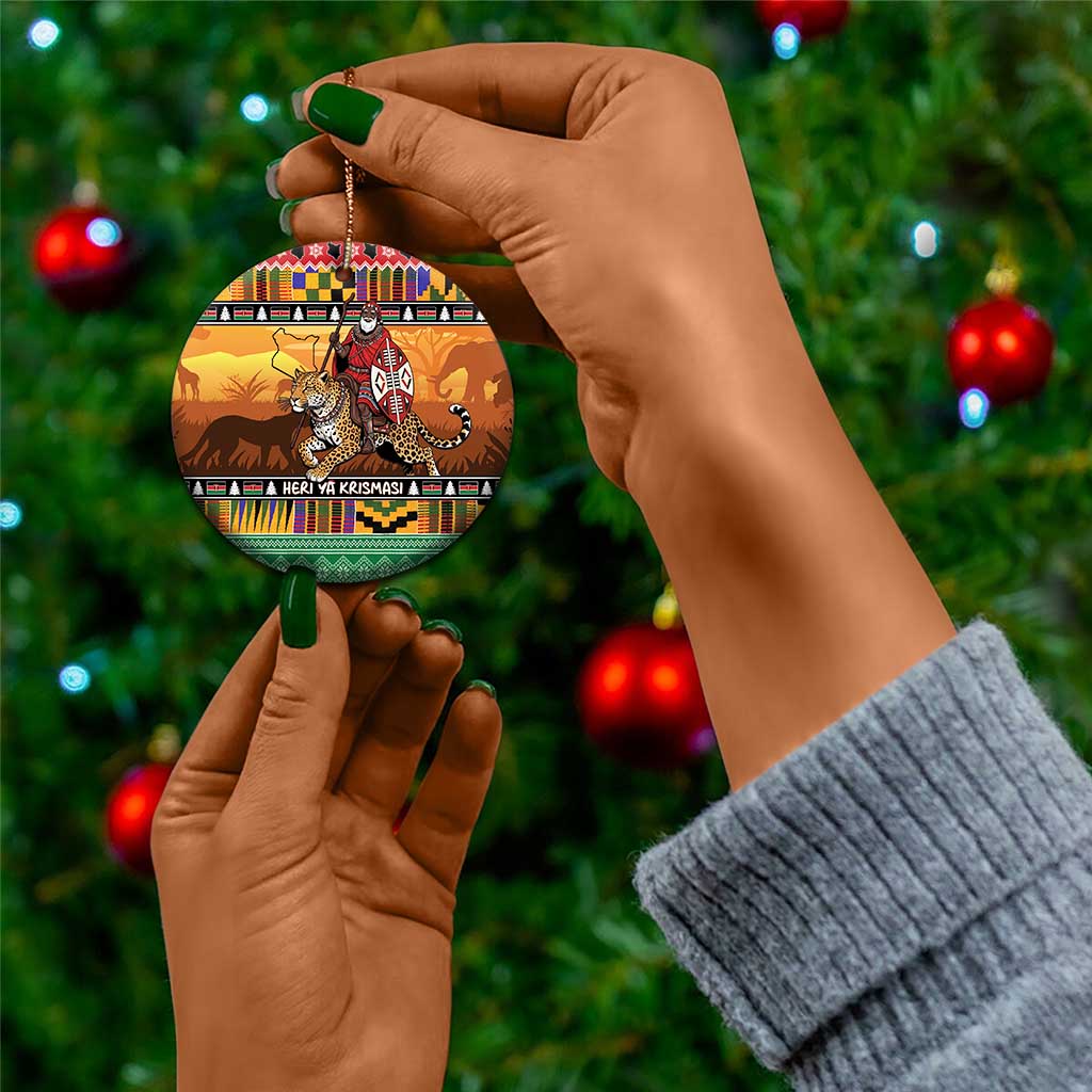Afro Christmas in Kenya Safari Ceramic Ornament Black Santa Riding Leopards - African Pride