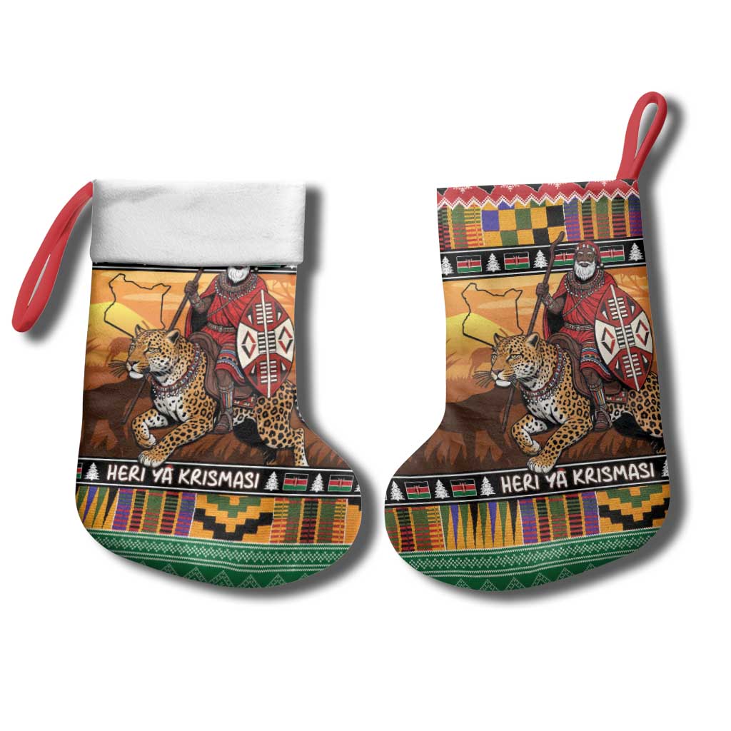Afro Christmas in Kenya Safari Christmas Stocking Black Santa Riding Leopards - African Pride