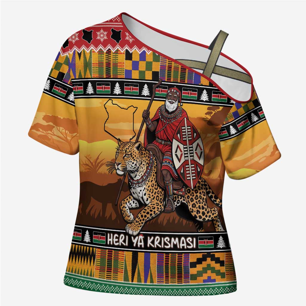 Kenya Safari Christmas Cross Shoulder Shirt Black Santa Riding Leopards - Heri ya Krismasi