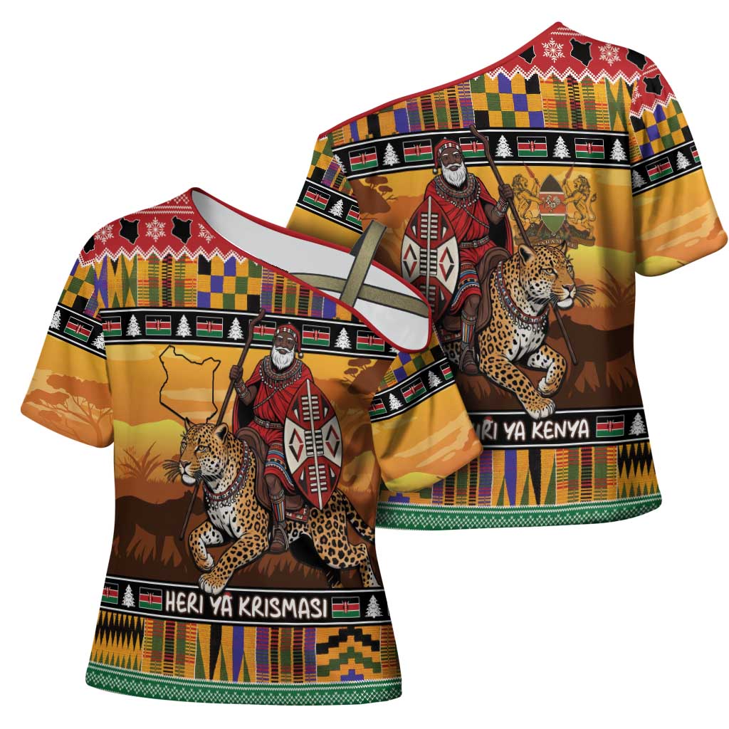 Kenya Safari Christmas Cross Shoulder Shirt Black Santa Riding Leopards - Heri ya Krismasi