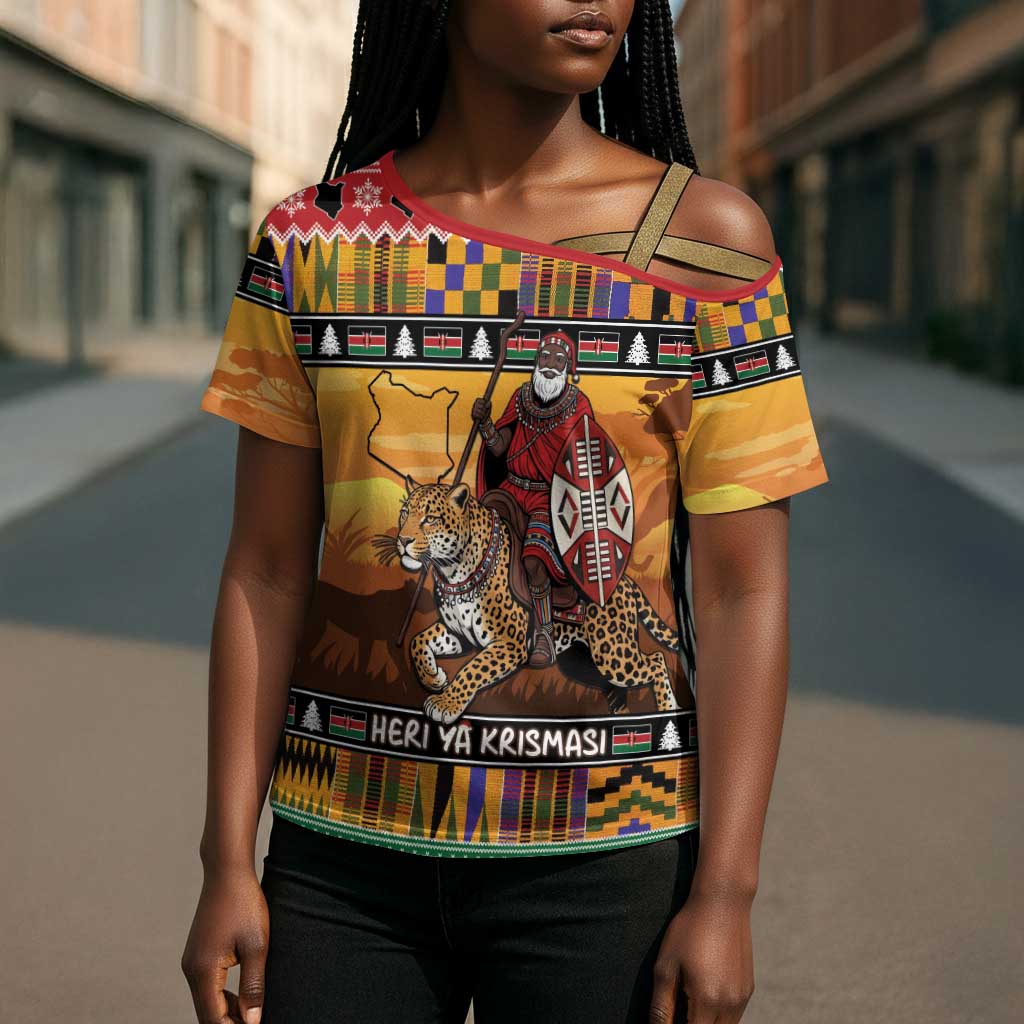 Kenya Safari Christmas Cross Shoulder Shirt Black Santa Riding Leopards - Heri ya Krismasi